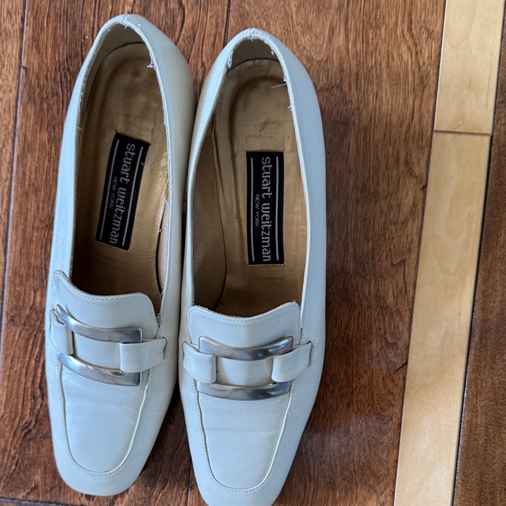 Stuart Weitzman Cream Loafers with Silver Accent